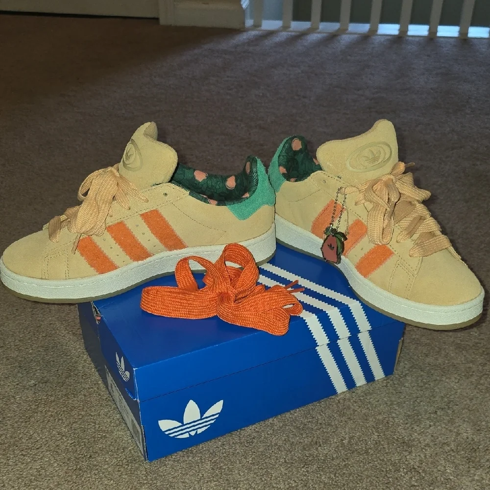 adidas Suede Low-Top Sneakers in Peach with Orange Stripes